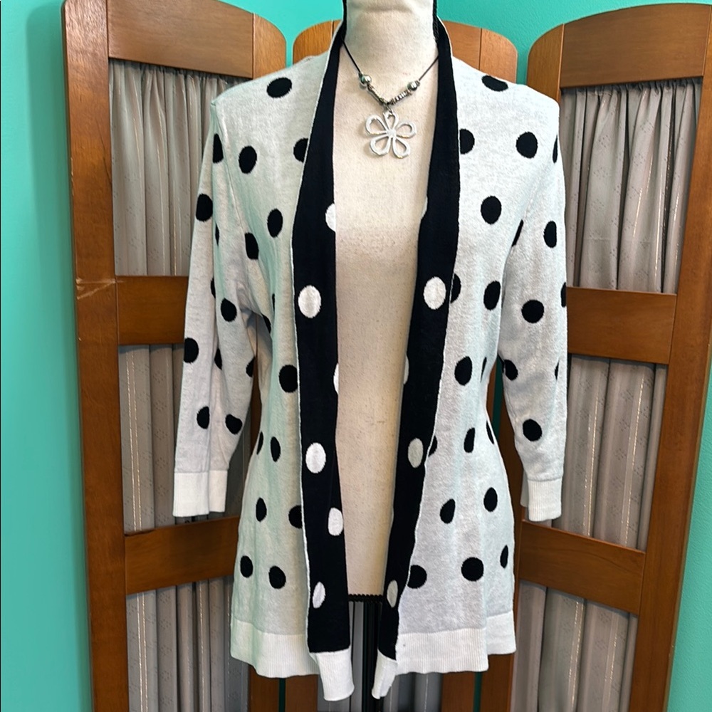 Christopher & Banks Polka Dot Open Cardigan Sweater - Black and White